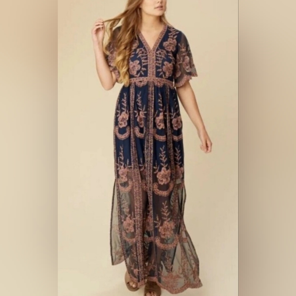 Altar'd State Catania Sheer Mesh Lace Embroidered Dress in Navy